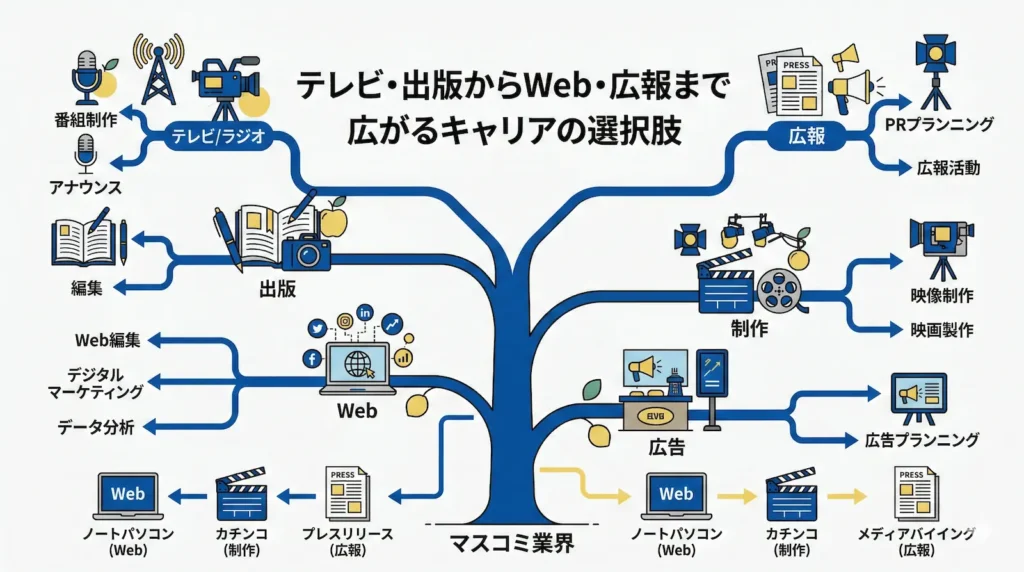 マスコミ業界のキャリアの選択肢を示す図解。中心の幹から「テレビ/ラジオ」「出版」「Web」「広報」「制作」「広告」の主要分野に枝分かれするキャリアツリー構造。各枝先には具体的な職種(例:番組制作、編集、Web編集、PRプランニング、映像制作、広告プランニング)と、それに対応するアイコン(例:カメラ、本、地球儀、メガホン、カチンコ、ライト)が配置されている。上部には「テレビ・出版からWeb・広報まで広がるキャリアの選択肢」という日本語テキスト。下部にはWeb(ノートパソコン)、制作(カチンコ)、広報(プレスリリース)のアイコン説明。