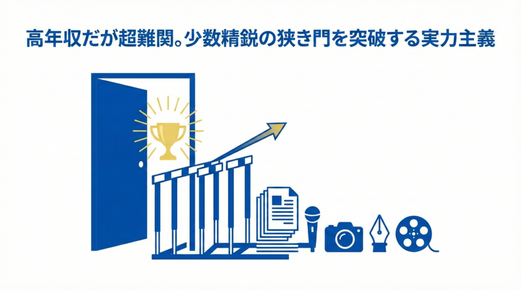 マスコミ業界の「高年収だが超難関」という実態を表した図解。狭き門（青い扉）の手前に高いハードルと積まれた書類や機材があり、扉の奥には成功を象徴するトロフィーが輝いている