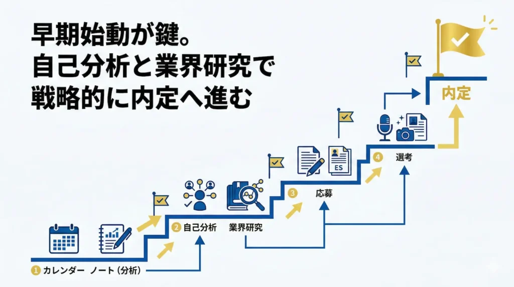 段状のロードマップを歩むアイコン群で表された、マスコミ業界志望者向けの戦略的な就活ロードマップ。左下から右上に向かい、スケジュール管理、自己分析・業界研究、応募準備、選考対策のステップを経る。最上段のゴールには「内定」のゴールドフラッグが輝く。