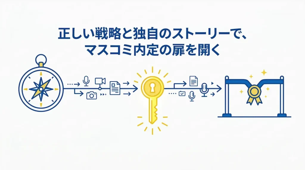 マスコミ内定への道を示した図解。左から順に『正しい戦略(羅針盤)』、マスコミ関連アイコン(マイク、カメラ、書類)を経由し、中央の『内定の突破口(輝く鍵)』を通って、右側の『マスコミ内定のゴールテープ』へと繋がるフローを描いている。中央上部には『正しい戦略と独自のストーリーで、マスコミ内定の扉を開く』というメッセージが記載されている。