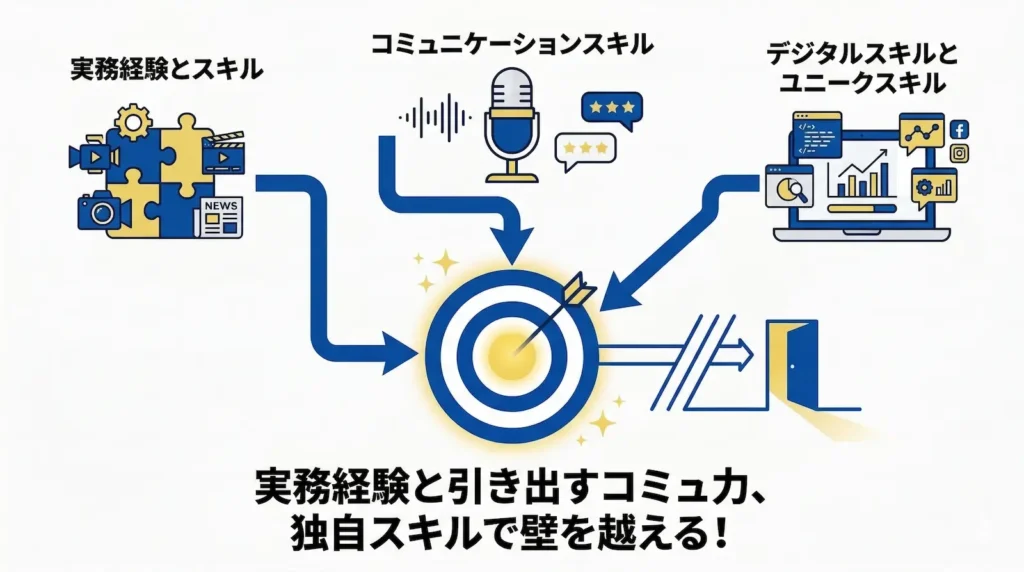 マスコミ業界で学歴以外に評価されるポイントの図解。「実務経験とスキル」「コミュニケーションスキル」「デジタルスキルとユニークスキル」の3要素がターゲットに集約され、壁を越えて扉を開く様子を描いている。下部には「実務経験と引き出すコミュ力、独自スキルで壁を越える！」というテキストがある。