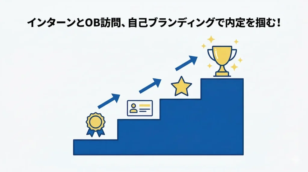 マスコミ業界の内定獲得に向けたステップアップ図。3段の青い階段があり、下から「バッジ（インターン）」「名刺（OB訪問・ネットワーク）」「星（自己ブランディング）」のアイコンが配置されている。階段の頂上には黄色いトロフィーがあり、上部には「インターンとOB訪問、自己ブランディングで内定を掴む！」というテキストが添えられている。