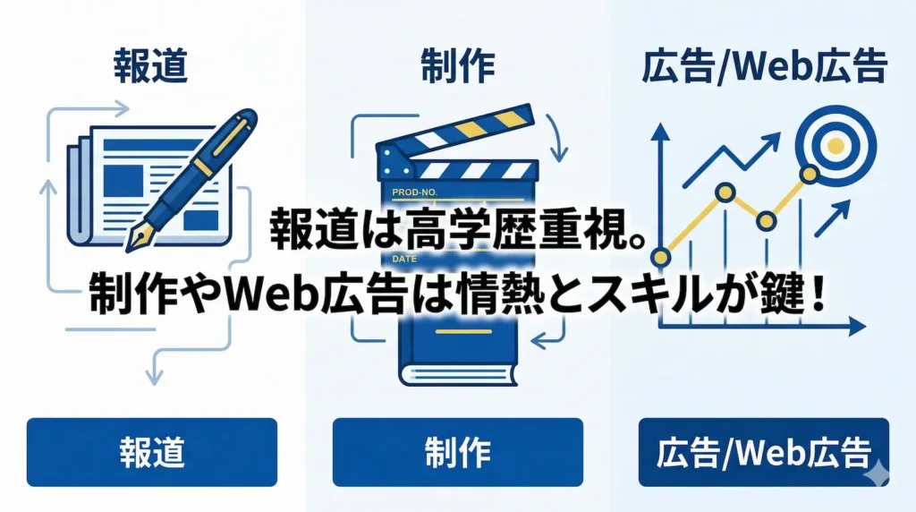マスコミ業界の職種別比較図。3つのブロックに分かれており、「報道（新聞とペン）」「制作（カチンコ）」「広告/Web広告（成長グラフ）」の各分野で求められる資質を表現している。中央には「報道は高学歴重視。制作やWeb広告は情熱とスキルが鍵！」というテキストがあり、職種による選考基準の違いを解説している。