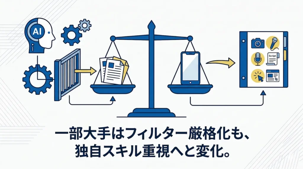 マスコミ業界の採用トレンドの図解。中央に天秤があり、左側にはAIと歯車、フィルターゲート、書類が描かれ「一部大手のフィルター厳格化」を表現。右側にはスマートフォン、矢印、ポートフォリオ（カメラ、マイク、原稿アイコン）が描かれ「独自スキル重視への変化」を表現している。下部には「一部大手はフィルター厳格化も、独自スキル重視へと変化。」というテキストがある。