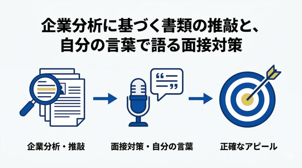 マスコミ業界の選考対策プロセスを示した図解。左から順に『企業分析・推敲(書類と虫眼鏡)』、『面接対策・自分の言葉(マイクと吹き出し)』、そして『正確なアピール(的に刺さった矢)』のアイコンが矢印で繋がっている。上部には『企業分析に基づく書類の推敲と、自分の言葉で語る面接対策』というメッセージが記載されている。
