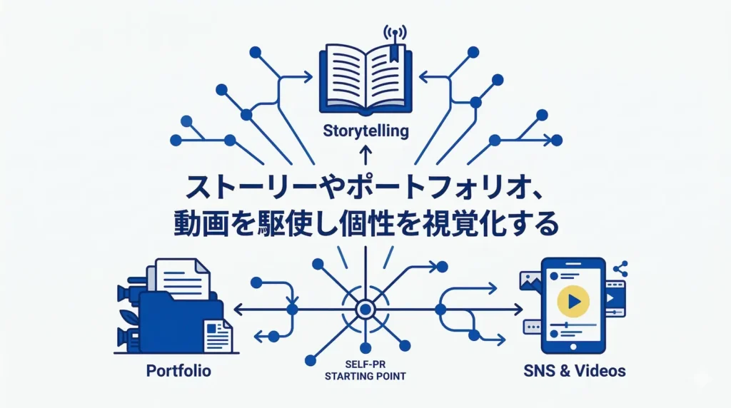 自己PRの個性を出すための多角的な手法を示した図解。中央の『自己PRの起点』から放射状に、『ストーリーテリング(本)』、『ポートフォリオ(書類フォルダ)』、『SNS・動画(再生ボタン付きスマホ)』の3つのアイコンが繋がっている。中央には『ストーリーやポートフォリオ、動画を駆使し個性を視覚化する』というメッセージが記載されている。