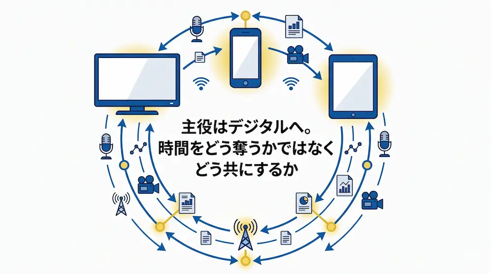 メディアの多様化を示す図解。テレビ、スマートフォン、タブレットが円環状のネットワーク網で繋がれており、中央に「主役はデジタルへ。時間をどう奪うかではなくどう共にするか」というテキストが記載されています。