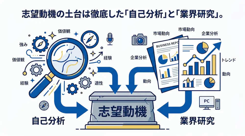 志望動機作成の土台を示す図解。左側に虫眼鏡を用いた「自己分析」、右側にデータグラフの書類を用いた「業界研究」が描かれ、その2つの要素からの矢印が合流して中央の「志望動機」という強固な土台を形成しています。上部には「志望動機の土台は徹底した「自己分析」と「業界研究」。」というテキストが記載されています。