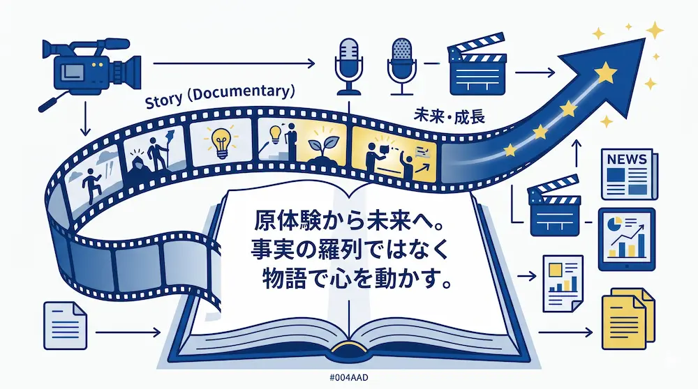 志望動機におけるストーリーテリングの重要性を示す図解。開かれた本から映画のフィルムが伸び、それが右肩上がりの大きな矢印へと変化していく様子が描かれています。本の中央には「原体験から未来へ。事実の羅列ではなく物語で心を動かす。」というテキストが記載されています。