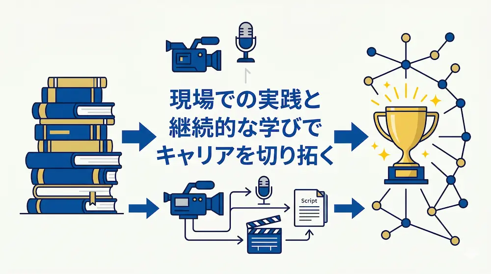 番組制作会社でのキャリア形成プロセスを示す図解。左側の積み重なった本（継続的な学び）や、中央のカメラやマイクなどの機材アイコン（現場での実践）から矢印が伸び、右側の輝くトロフィー（実績の獲得）とネットワークのノード図（キャリアや人脈の広がり）へと繋がっています。中央には「現場での実践と継続的な学びでキャリアを切り拓く」というテキストが記載されています。