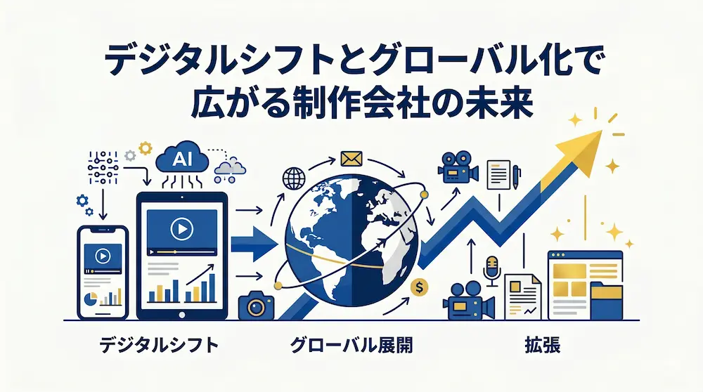 番組制作会社の未来の広がりを示す図解。左側のスマートフォンやAIを用いた「デジタルシフト」、中央のネットワークで繋がる地球儀が表す「グローバル展開」を経て、右側の映像制作機材とともに大きく右肩上がりに伸びる金色の矢印「拡張」へと繋がっています。上部には「デジタルシフトとグローバル化で広がる制作会社の未来」というテキストが記載されています。