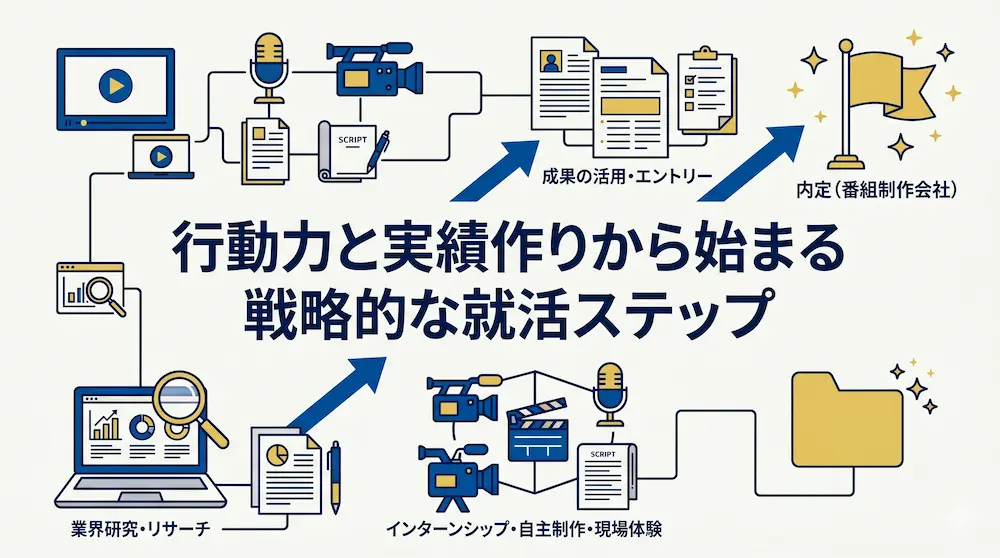 番組制作会社への就職方法を示す、フラットデザインのインフォグラフィック。「行動力と実績作りから始まる戦略的な就活ステップ」というメインテキストが中央にあり、左下の「業界研究・リサーチ」、中央下の「インターンシップ・自主制作・現場体験」、中央上の「成果の活用・エントリー」といった具体的な行動を経て、右上の「内定（番組制作会社）」に至る論理的なフローが矢印で描かれている。学部に関係なく戦略的な行動が重要であることを伝えている。