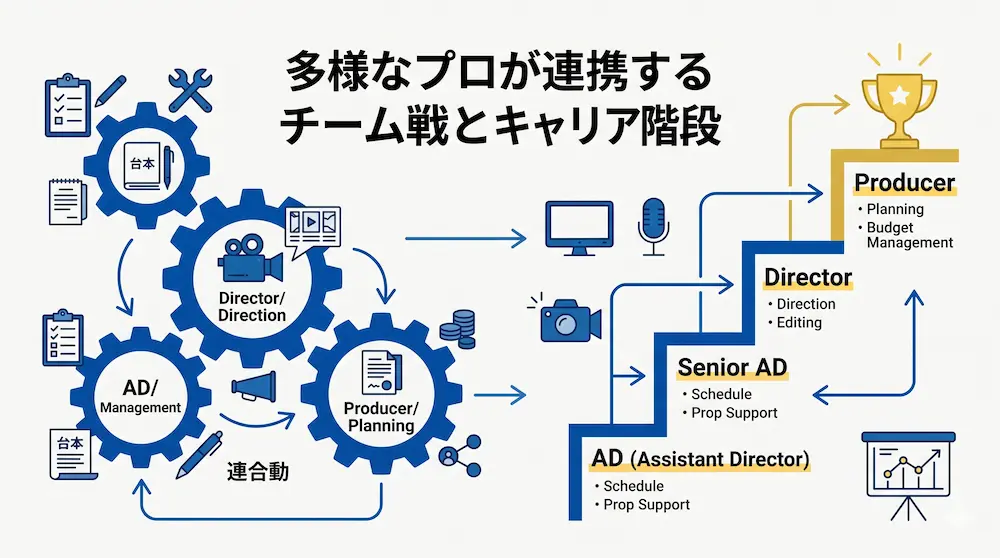 番組制作会社の職種連携とキャリアパスを示す図解。左側には「AD/Management」「Director/Direction」「Producer/Planning」が歯車のように噛み合って連携する様子が描かれ、右側にはADからSenior AD、Directorを経てProducerへと昇進していく「キャリアの階段」が、最上段のトロフィーに向かって描かれています。上部には「多様なプロが連携するチーム戦とキャリアの階段」というテキストが記載されています。
