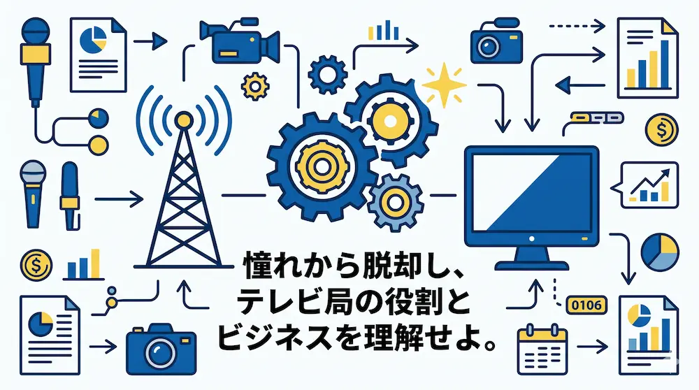 テレビ局の役割とビジネス構造の繋がりを示す図解。左側に放送電波塔、右側にテレビモニターが配置され、それらを中央のビジネスを表す歯車（ギア）が繋いでいます。下部には「憧れから脱却し、テレビ局の役割とビジネスを理解せよ。」というテキストが記載されています。