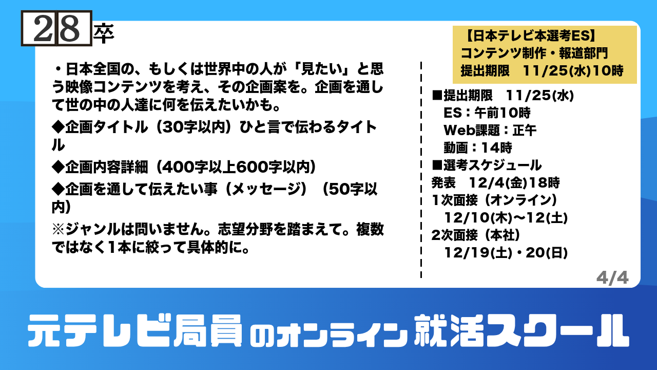 日本テレビ 28卒 本選考ES 設問(企画案)・選考スケジュール